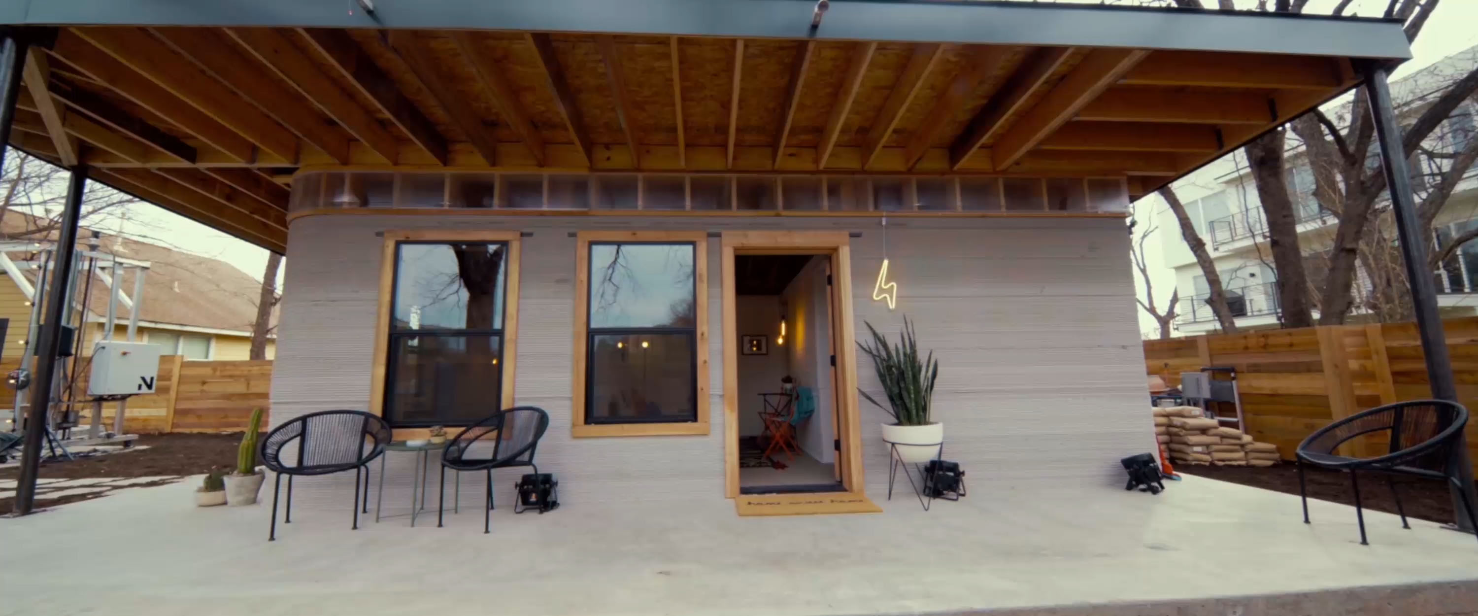 Exterior of concrete 3-d printed home in Austin Texas